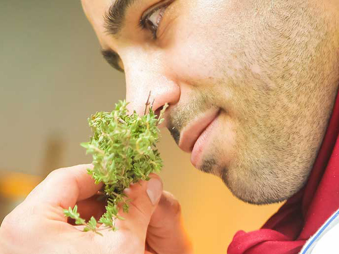 A man sniffs a parsley leaf